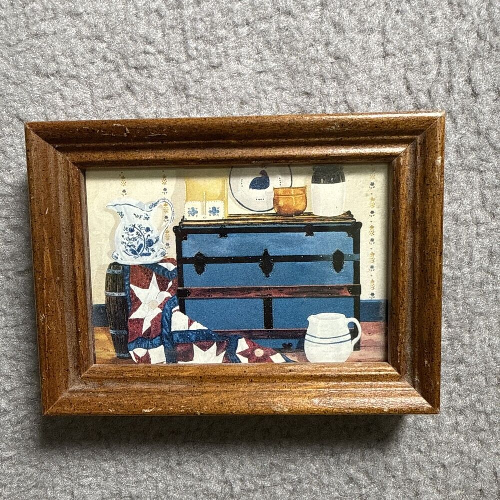 Vintage Framed Wall Art Small Mini Print Home Scene Wooden Cottagecore Rustic